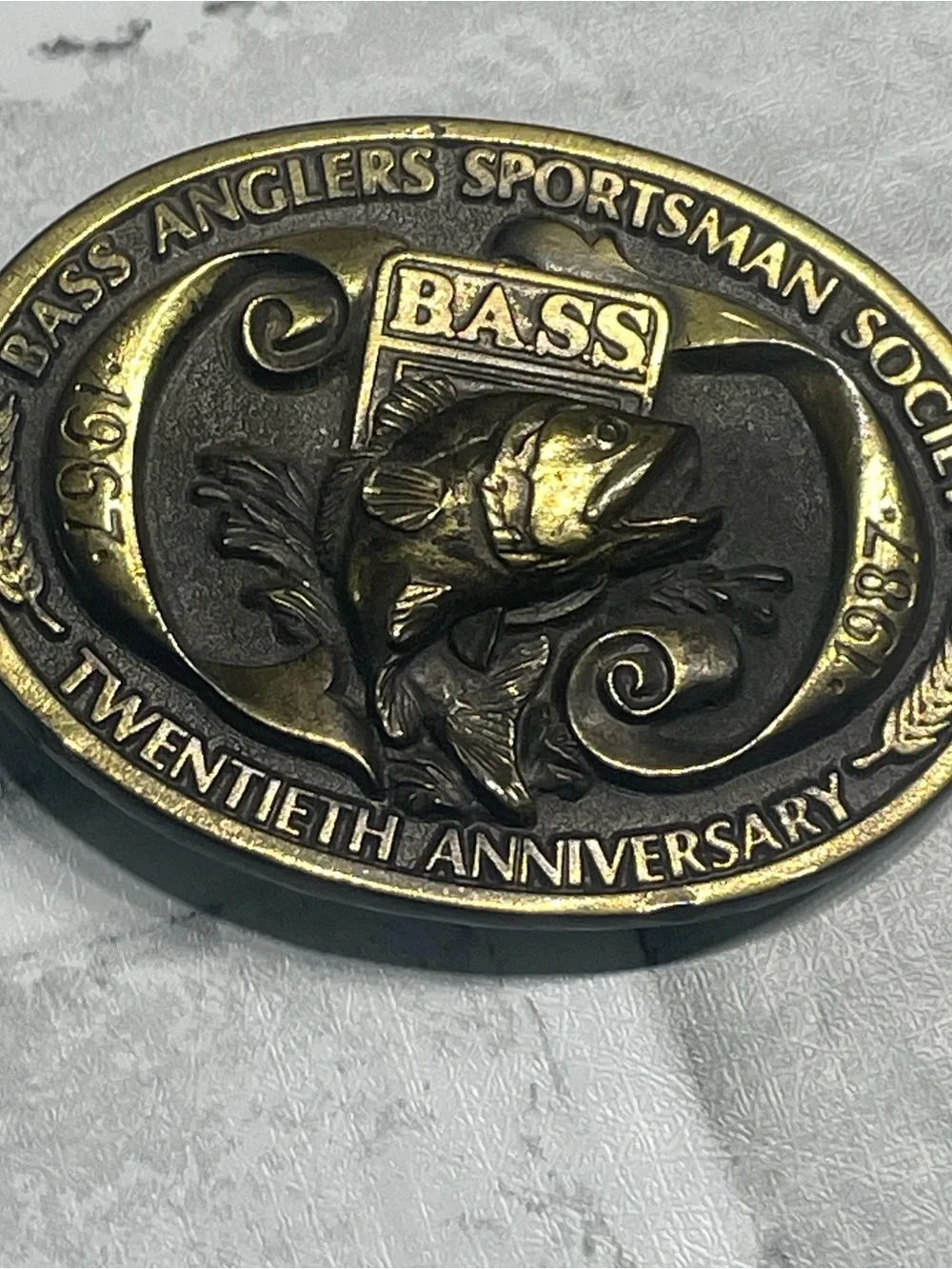 BASS Anglers Sportsman Society 20th Anniversary Brass Belt Buckle - 1987